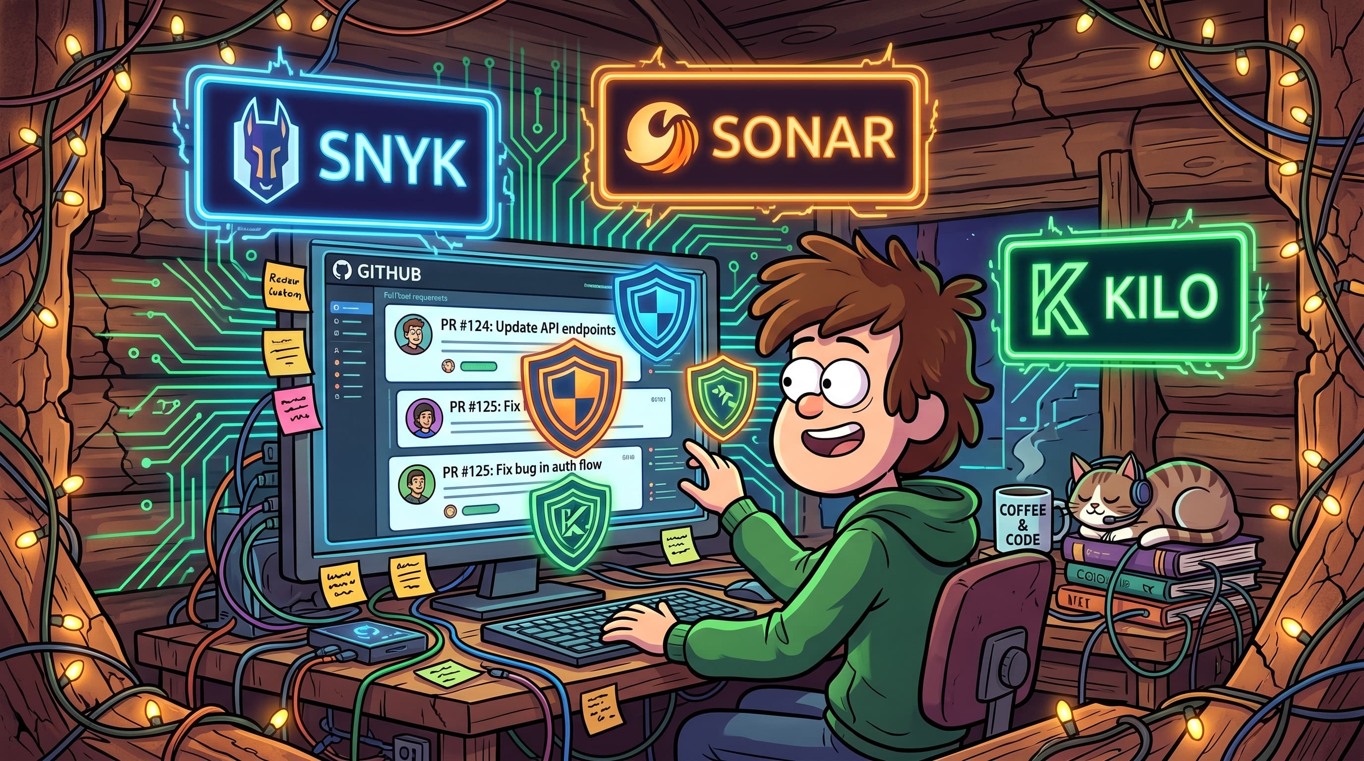 Developer reviewing a secure pull request with Snyk SonarQube and Kilo code review badges glowing in a colorful cartoon workspace