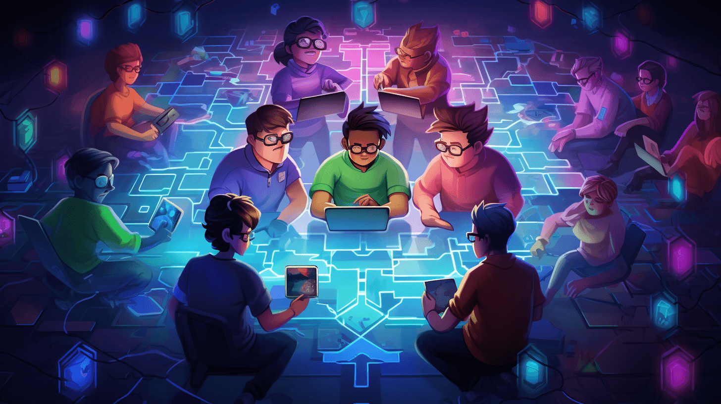 Multiple developer characters each tending their own subgraph