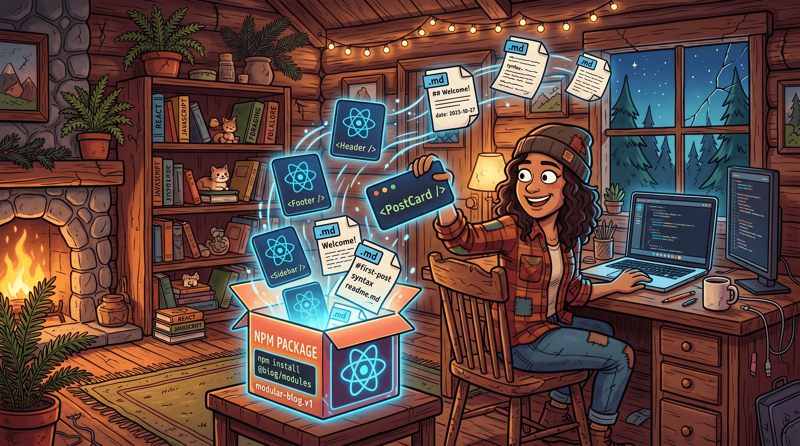 Digital illustration of a developer pulling a modular blog component out of a glowing npm package box, colorful cartoon style