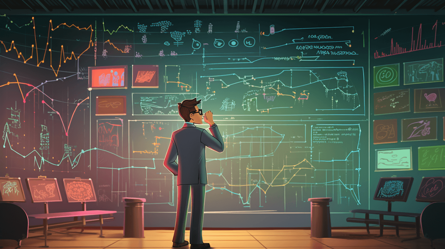 Technical solo founder learning business fundamentals from a chalkboard covered in market diagrams