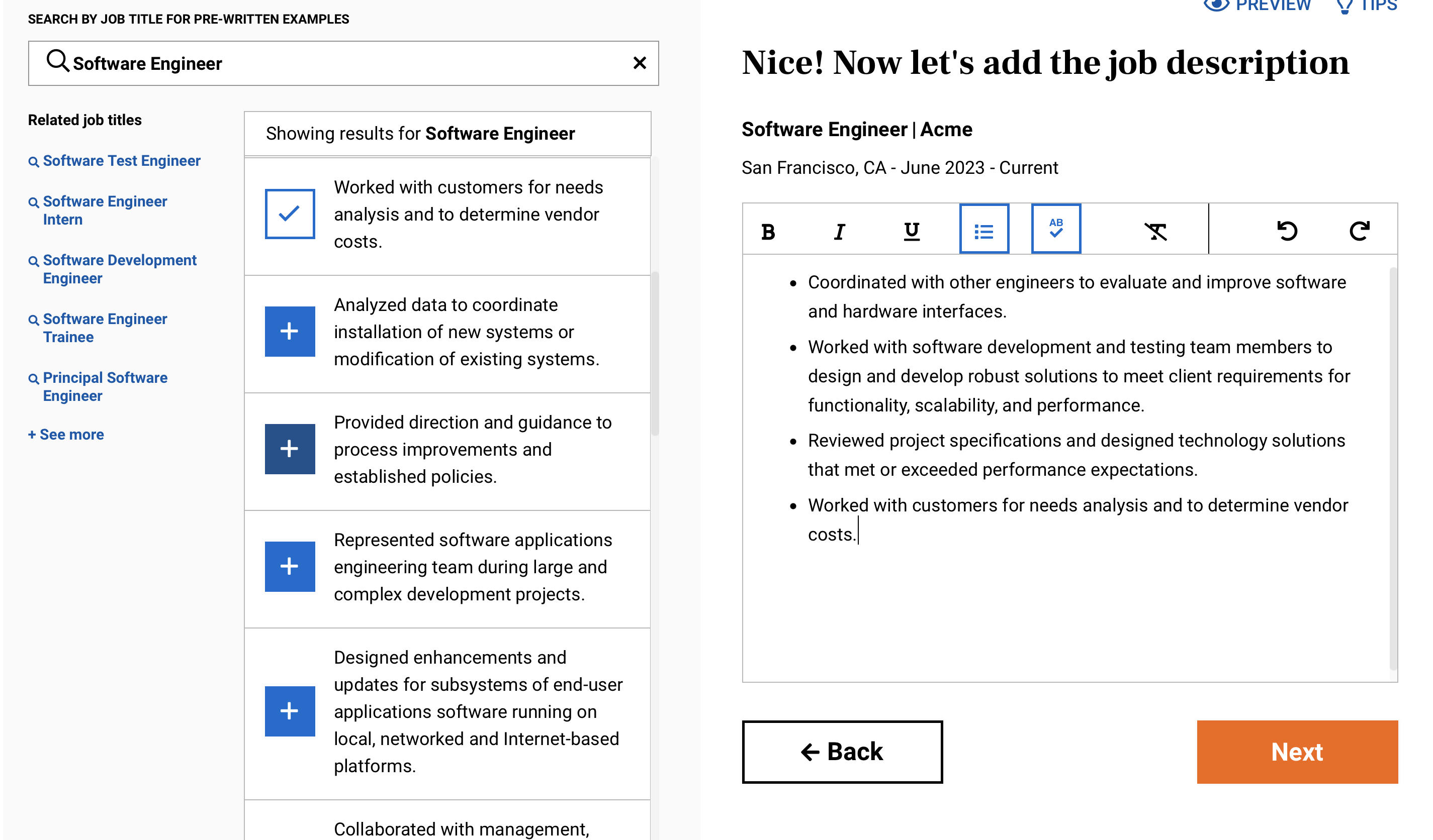 Screenshot of LiveCareer's job description database interface, showcasing various tech roles and their specific job duties