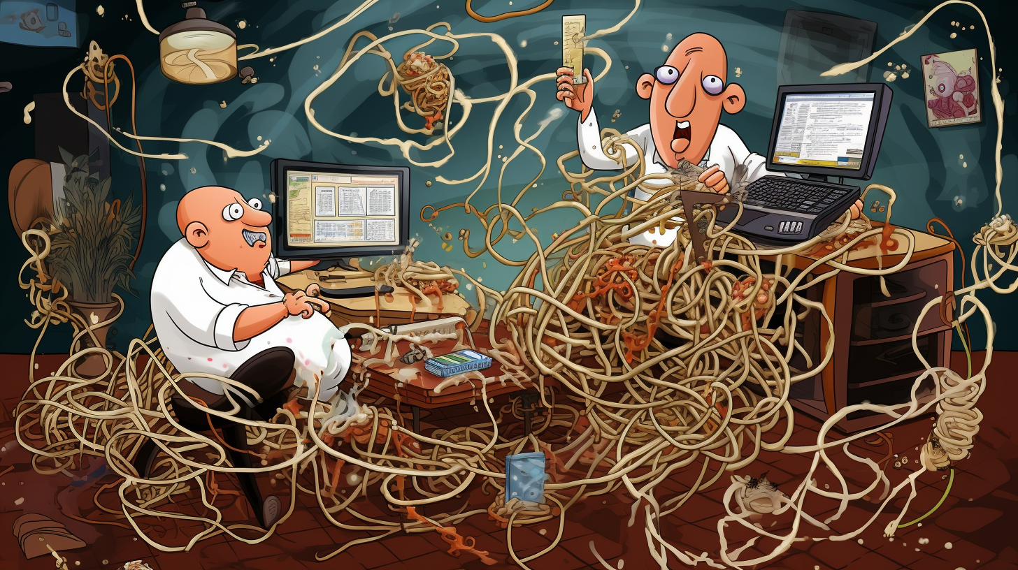 A tangled mess of spaghetti representing convoluted code