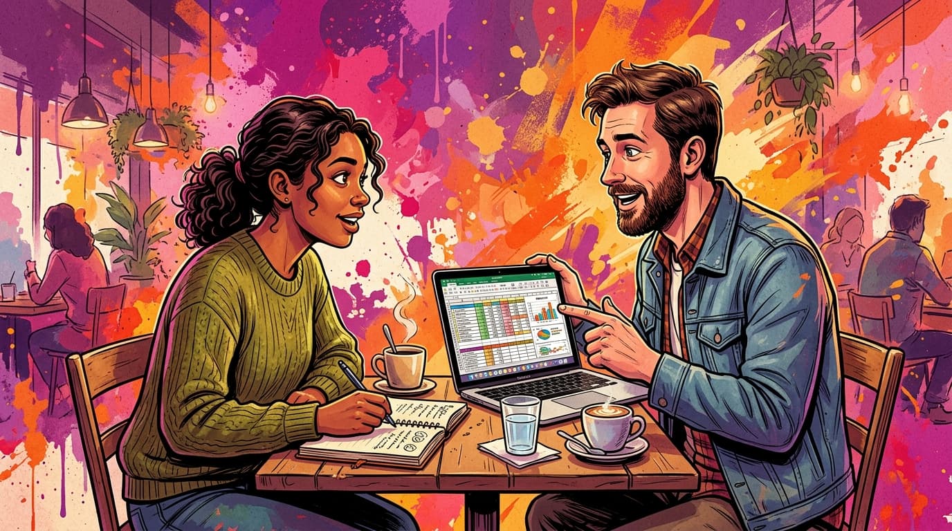 Two people in a genuine customer discovery interview, one listening with a notebook while the other shows their real workflow