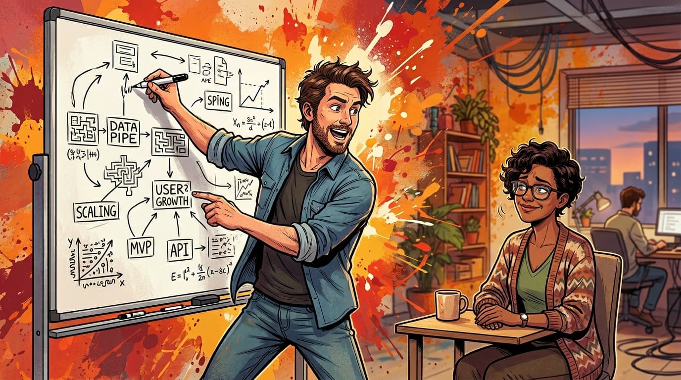 A founder pitching enthusiastically while a colleague nods politely without genuine engagement