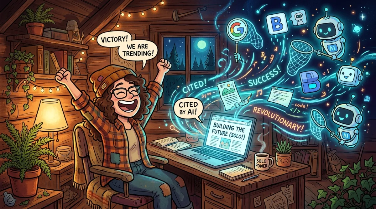 Solo founder watching their blog article get cited by AI search engines, content flying off the page into the digital world