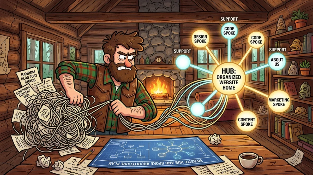 Technical founder transforming chaotic blog posts into a beautiful organized hub and spoke architecture