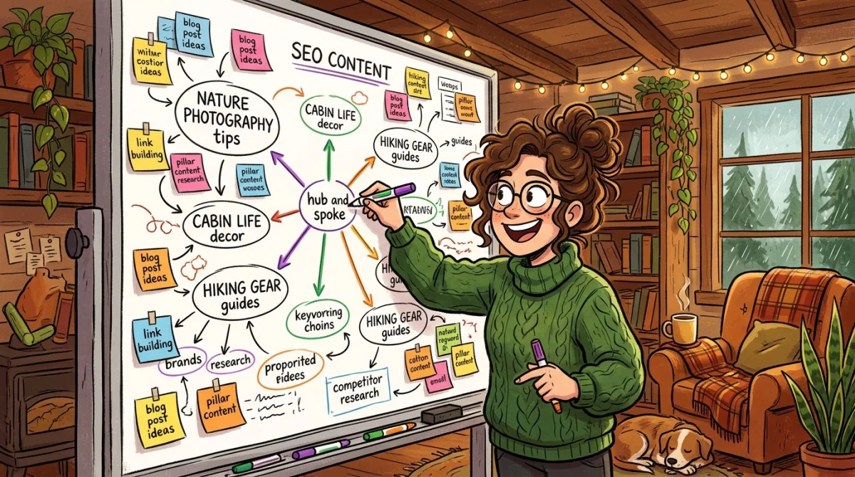 Solo founder mapping out an SEO content strategy on a whiteboard covered in keyword clusters