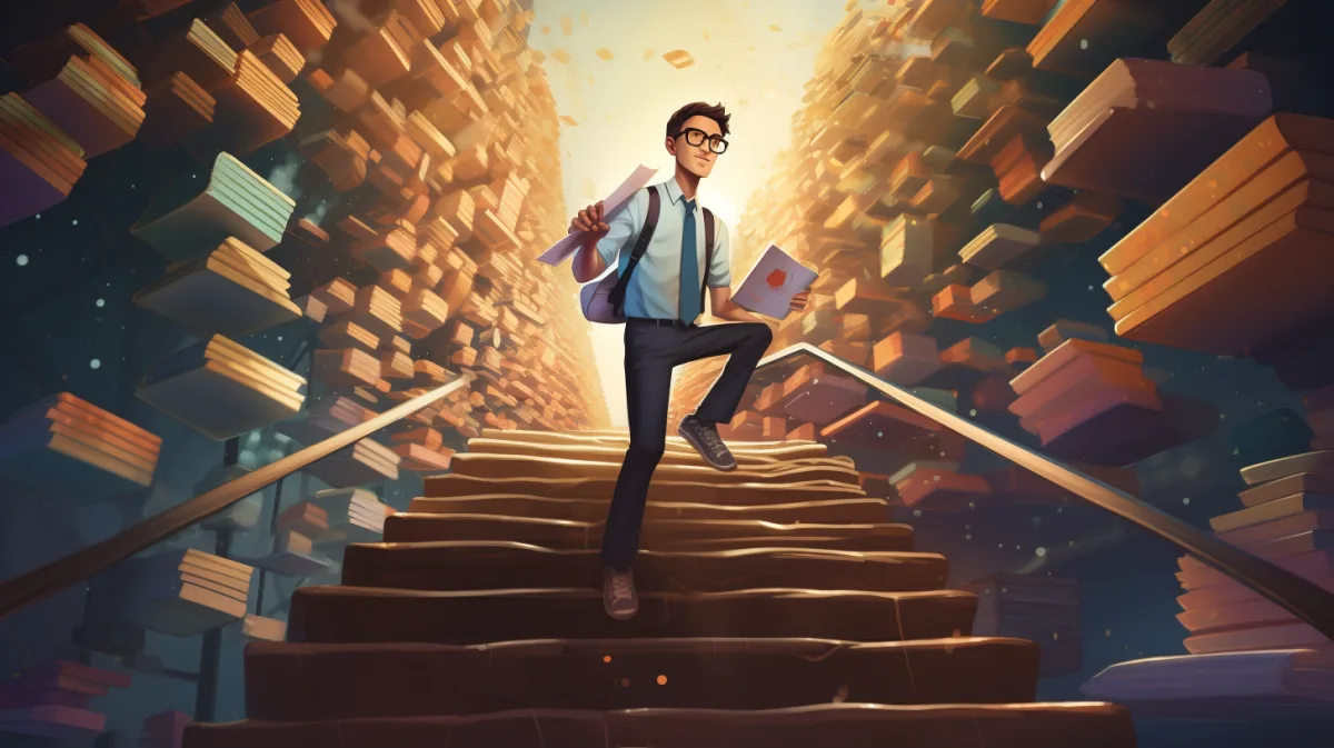 Developer climbing a staircase of business books representing a 7-phase self-study track