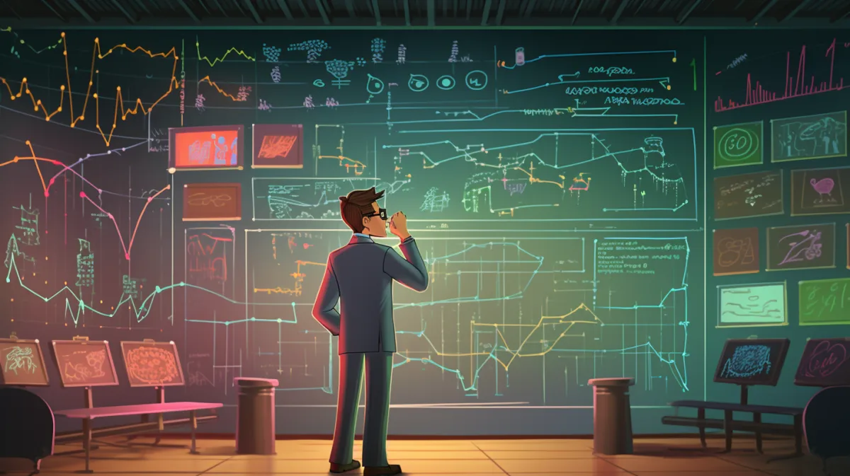 Technical solo founder learning business fundamentals from a chalkboard covered in market diagrams