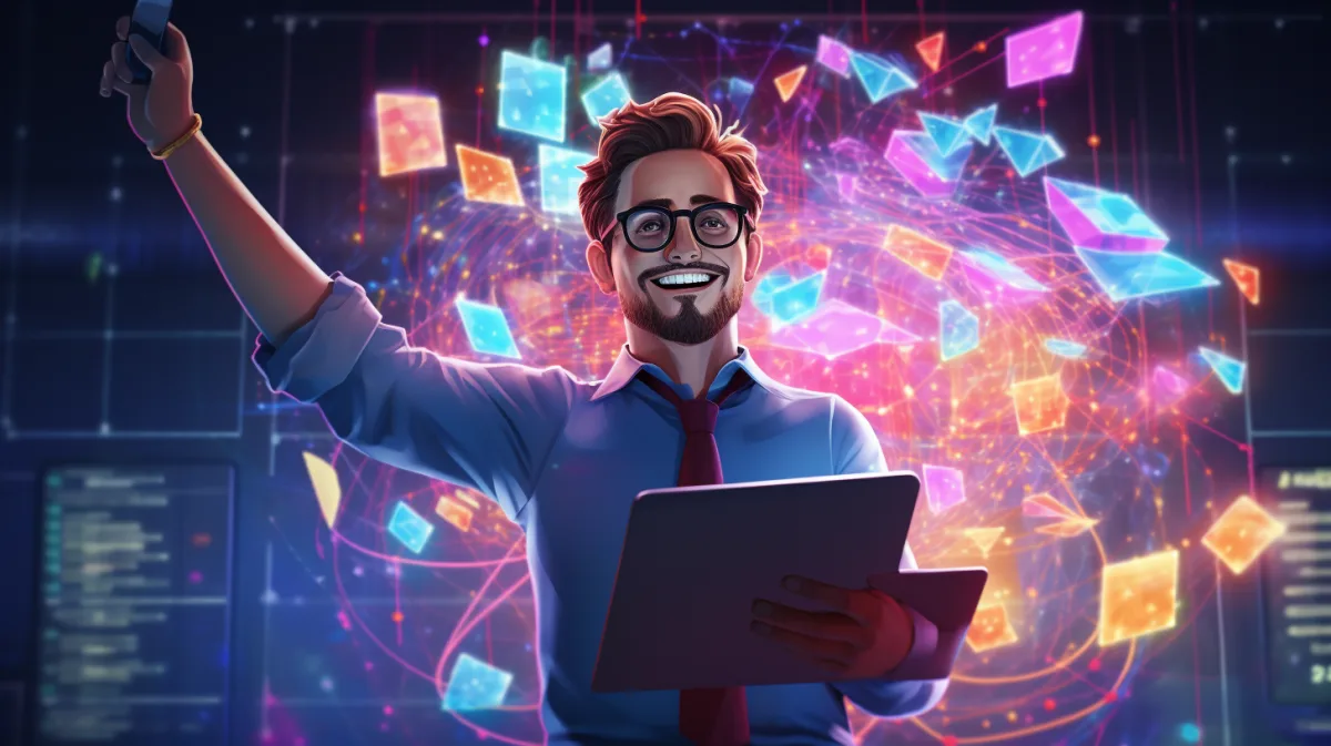 Developer confidently holding a glowing data graph