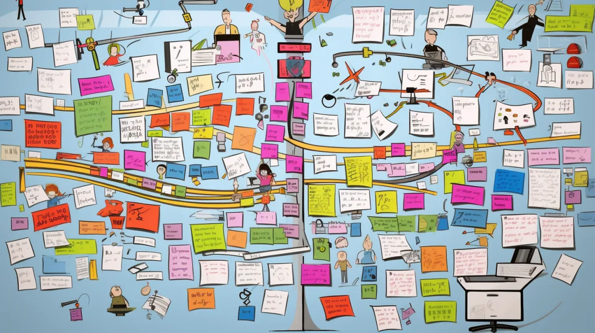 A disorganized scrum board representing Agile chaos