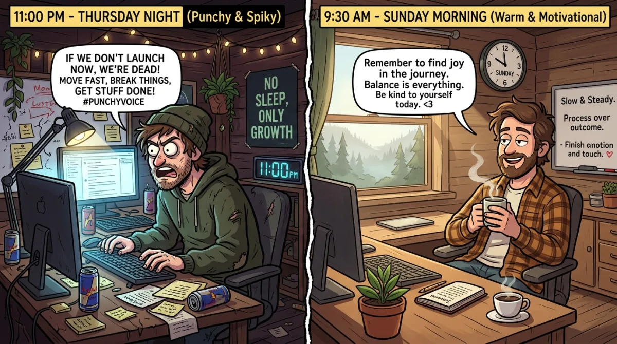 Two versions of the same founder writing with different tones - split scene showing brand voice inconsistency