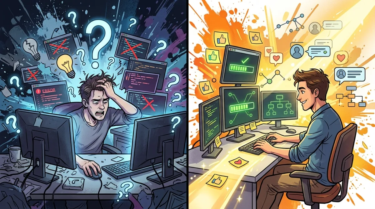 Before and after: a developer building in the dark without direction vs building confidently with validated customer signal