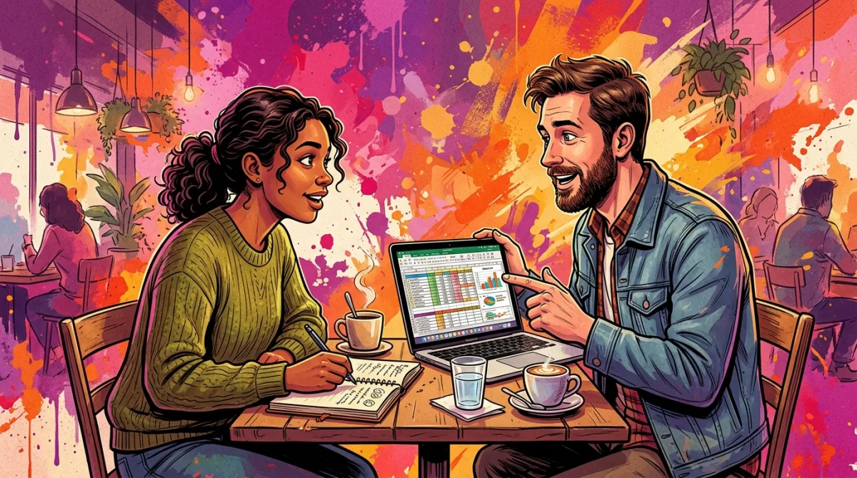 Two people in a genuine customer discovery interview, one listening with a notebook while the other shows their real workflow