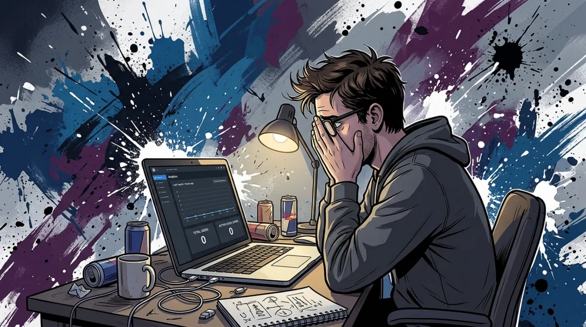 A solo technical founder staring at an empty analytics dashboard after launch