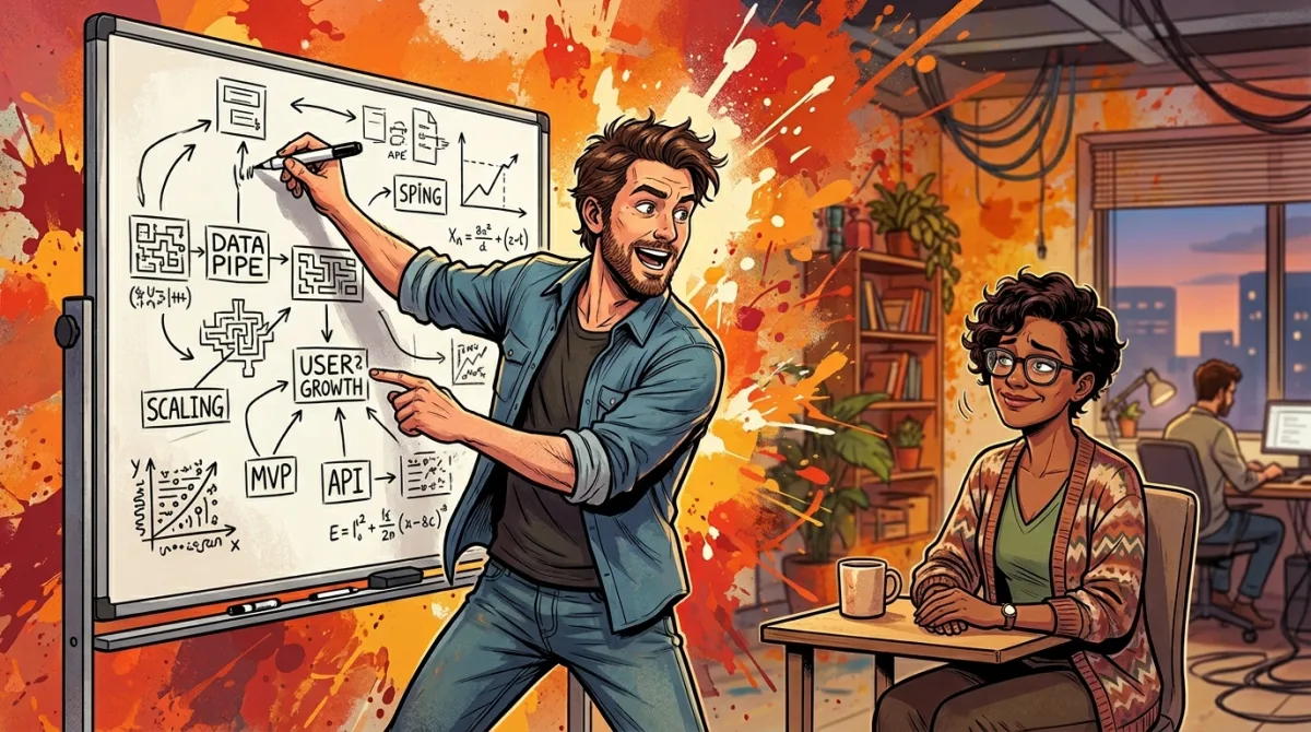 A founder pitching enthusiastically while a colleague nods politely without genuine engagement